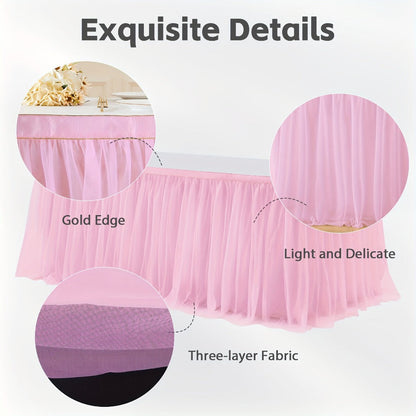 Six-Foot Gathered Tulle Table Skirt with Ten Solid or Multicolor Options for Parties and Events