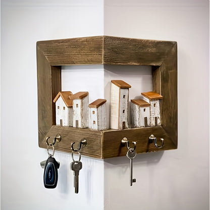 Wall Mounted Key Rack with Hooks – Rustic Wooden Key Holder with 6 House Hooks, Entryway Storage Organizer for Home Bedroom Wall Decor