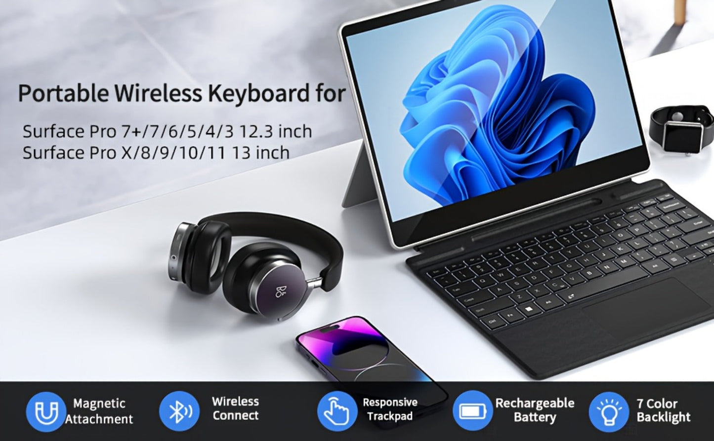 Surface Pro Keyboard with 7-Color Backlit Touchpad Ultra-Slim Bluetooth Wireless 15M Rechargeable 750mAh Type Cover for Microsoft Surface