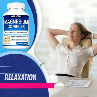 Dietary Supplement Magnesium 8-in-1 Complex with Eight Listed Forms, 1000mg per Capsule, Two Bottles