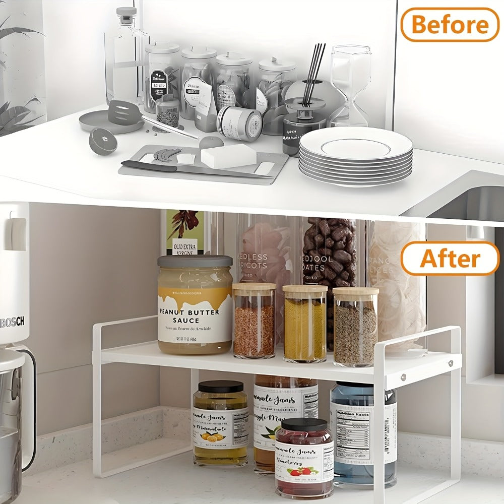 Expandable Cabinet Shelf Organizer Riser for Home Cooking, Dining and Outdoor Meals, with the Listed Configuration