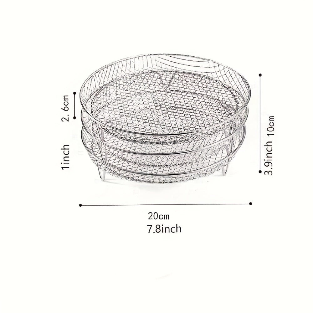 Seven-Piece Round Air Fryer Rack Set with Three Stackable Trays, One Handling Tool and Three Grips