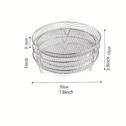 Seven-Piece Round Air Fryer Rack Set with Three Stackable Trays, One Handling Tool and Three Grips