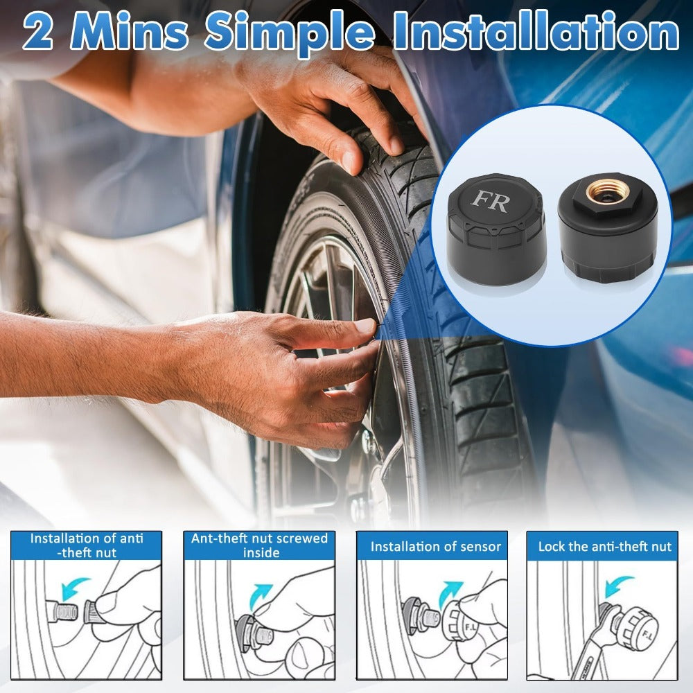 Solar TPMS Tire Pressure Monitoring System – Solar & USB Charging, 5 Alarm Modes, Color Display for 4-Wheel Vehicles