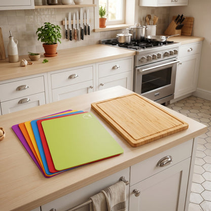 Bamboo Cutting Board Set with Six Color-Coded Flexible Prep Mats and One-Piece or Seven-Piece Options