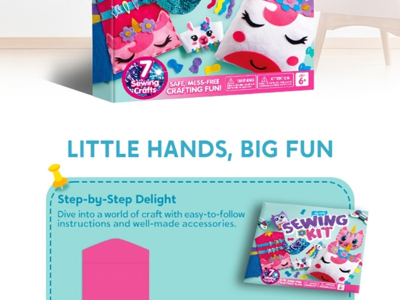 Kids Sewing Kit for Beginners 7 Felt Craft Projects, Pre-Punched Holes Safe Needles Mini Pillow Keychain Card Holder Cup Sleeve