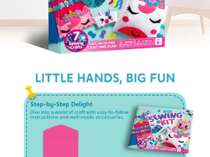 Kids Sewing Kit for Beginners 7 Felt Craft Projects, Pre-Punched Holes Safe Needles Mini Pillow Keychain Card Holder Cup Sleeve