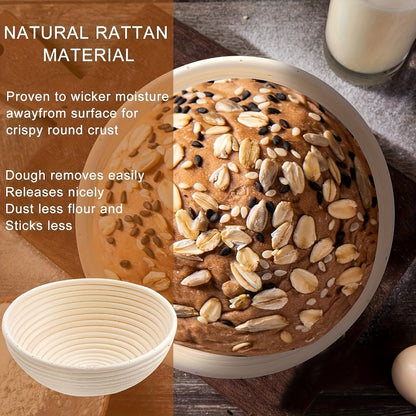 Bread Proofing Basket Set 2pcs 9 Inch Round Handmade Rattan with Liners Banneton Proofing for Entryways, Bedrooms and Living Spaces