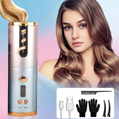 USB-Rechargeable Automatic Curling Chamber with Six Heat Settings, LCD Timer and Four Color Options