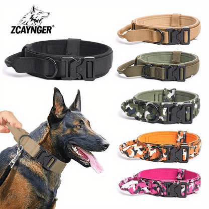 Wide Tactical Dog Collar with Grab Handle, Quick-Release Buckle and Patch Panel in M, L or XL