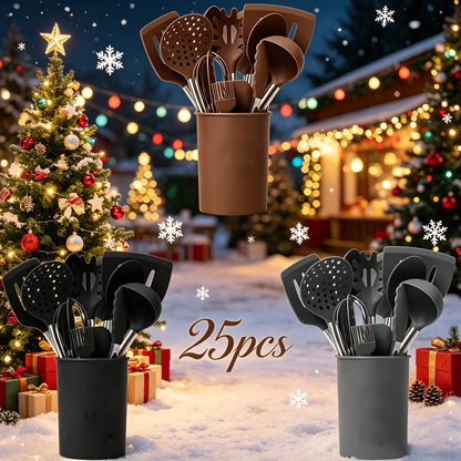 Silicone Kitchen Utensil Set with 25 Tools and Accessories, Holder and Grey, Black or Coffee Colors