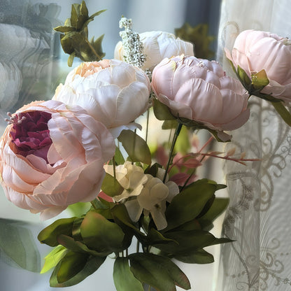 Faux Peonies Hydrangeas Artificial Flowers Vintage Silk Bouquet – Pink Green Mix Floral Centerpiece for Bridal Wedding Home Table Decor