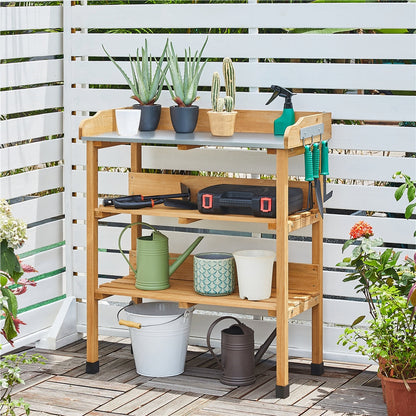 Rolling Potting Bench 3-Tier Wooden Garden Workstation Waist-High Galvanized Metal Top Lockable Casters for Garden, Patio and Yard Use