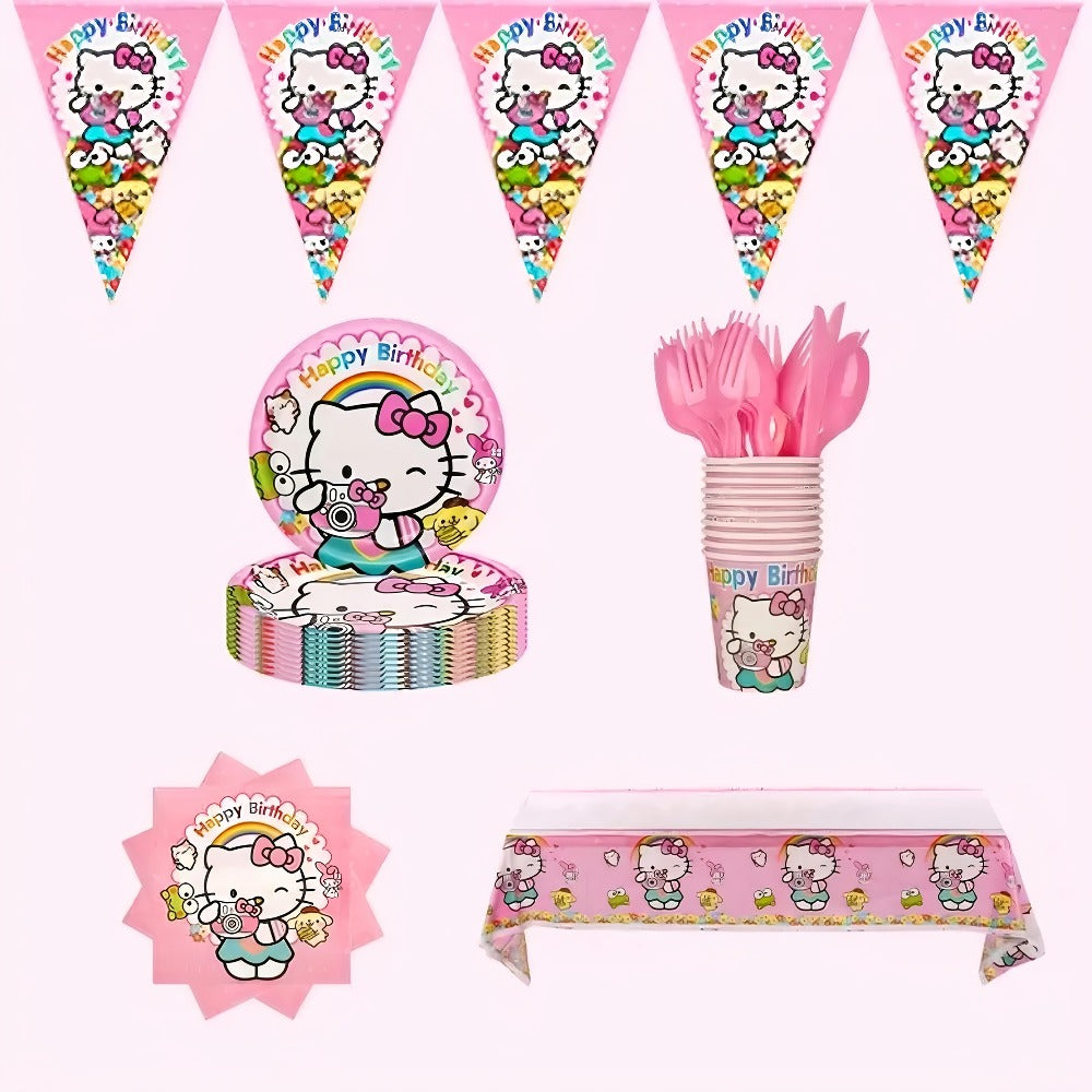 Party Decorations Hello Kitty 139-Piece Pink Birthday Set with Tableware, Banner, Balloons and Tablecloth