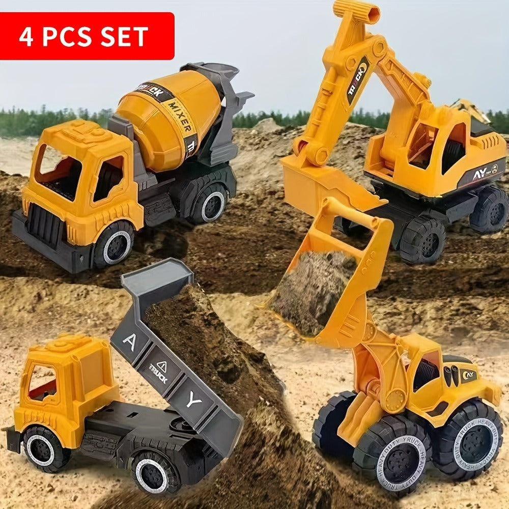 Construction Vehicle Toy Set for Kids, 4PCS Large Shatterproof Excavator, Mixer, Dump Truck & Bulldozer Engineering Cars