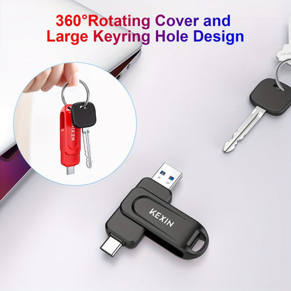USB Flash Drive KEXIN 2-in-1 Rotating USB-C and USB-A Memory Stick in Five Colors, 32GB to 128GB