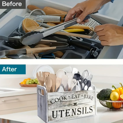 Wooden Kitchen Utensil Holder 3 Compartment Countertop Organizer, Rustic Wood Kitchen Tool Storage Box Wall Mounted or Countertop