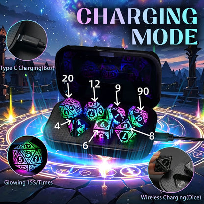 LED Dice Set 7pcs Wireless Rechargeable Light Up, Colorful Glowing Polyhedral Dice with Charging Box