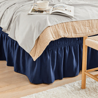Bed Skirt Elastic Wrap Around Ruffle – 15 Inch Drop Microfiber Dust Ruffle, Adjustable No-Lift Fit, Fade Resistant Machine Washable