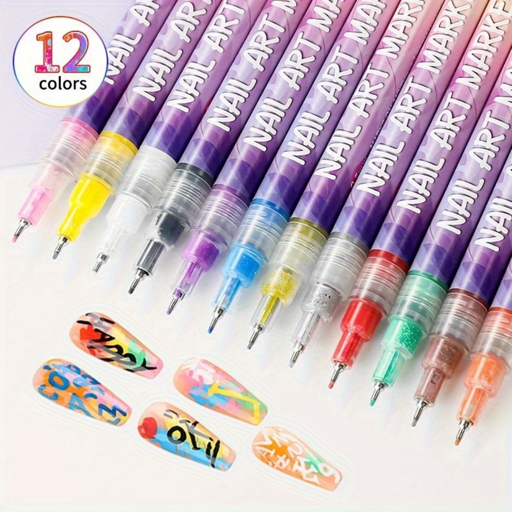 Nail Art Pens Set 12 Colors Quick Dry 3D Doodle Dot Stitching Nail Art Pen Kit – DIY Nail Design Tools
