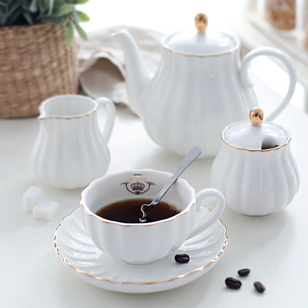 Porcelain Tea Set Service for 6 British Royal Floral Design with Teapot Sugar Bowl Cream Pitcher Teaspoons Tea Strainer 8oz Cups Saucers