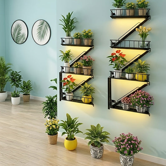 Staircase Wall Shelf with Three- or Four-Level Structures across Four Wrought-Iron Checkout Options