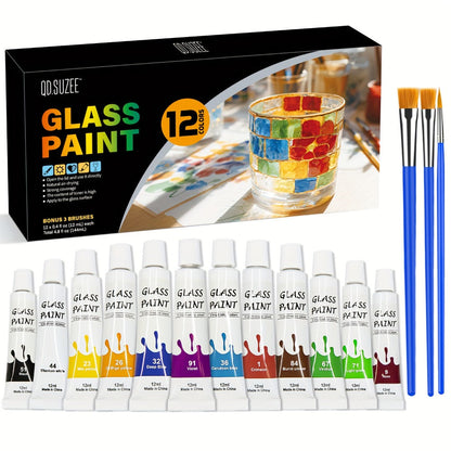 Stained Glass Painting Kit 12 Colors Acrylic Paint Set with 3 Brushes, Window Glass Paint for Wine Glasses Ceramic Mugs