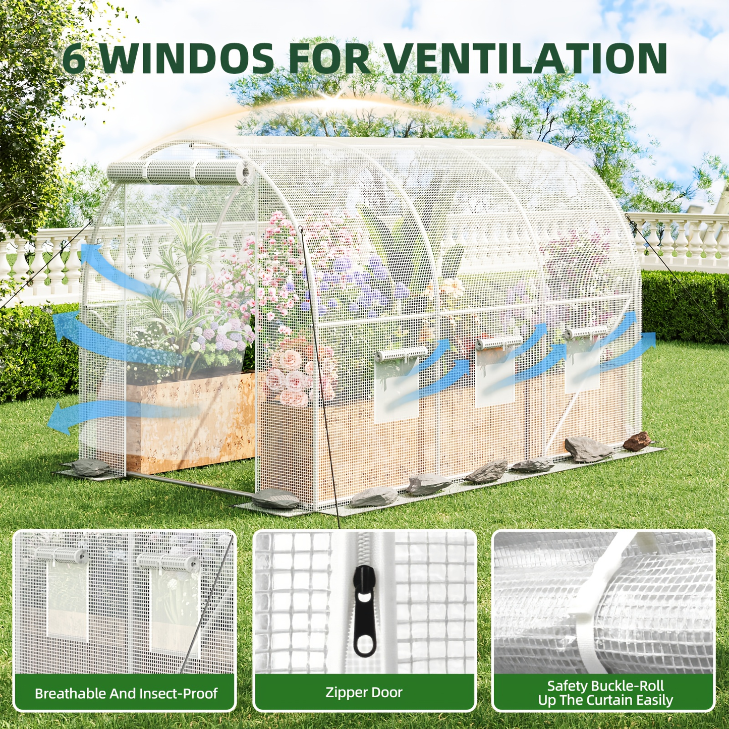 Outdoor Walk-In Greenhouse 10x6.6x6.6 FT – Dual Zippered Screen Doors, 6 Screen Windows & Reinforced Frame