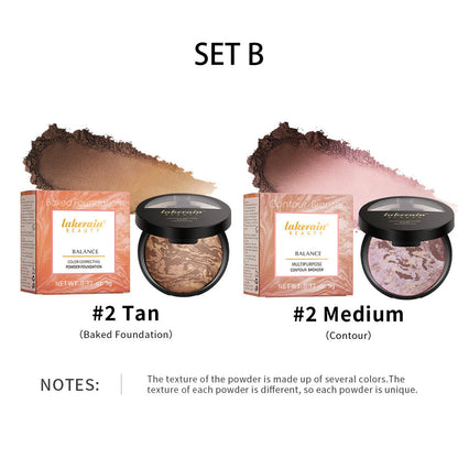 Marble Baked Contour Palette Set 2-Piece Kit with Color Correcting Foundation Powder, for Makeup, Travel and Everyday Vanity Use