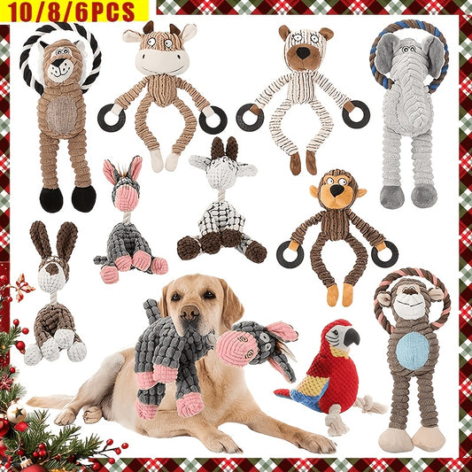 Dog Chew Toys, Squeaky Plush Rope Dog Toy Set with Animal Print for Aggressive Chewers – 6 8 or 10 Pack Interactive Tug-of-War Chew Toys