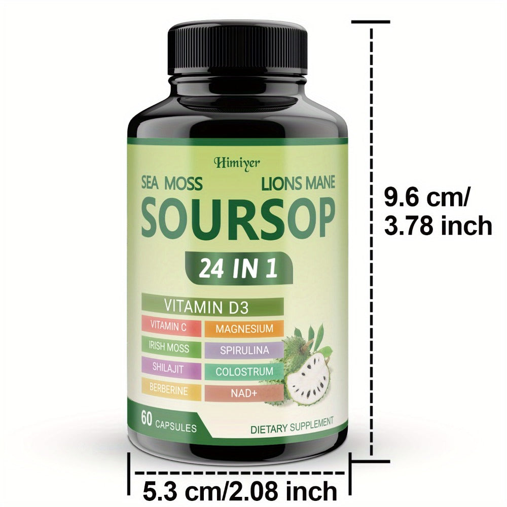 Soursop Graviola Capsules 24-in-1 Herbal Blend – Turmeric Spirulina Sea Moss Vitamin D3 Bitter Leaf | Immune Defense Antioxidant Gut Energy