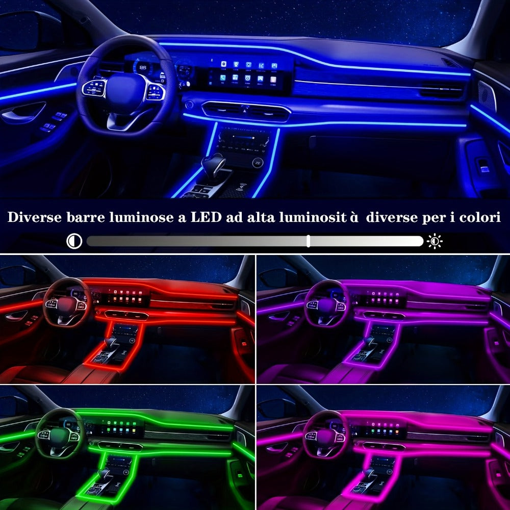Car Interior Ambient Lighting Kit with Four Checkout Configurations, App-Button Control and Fiber-Style Strips