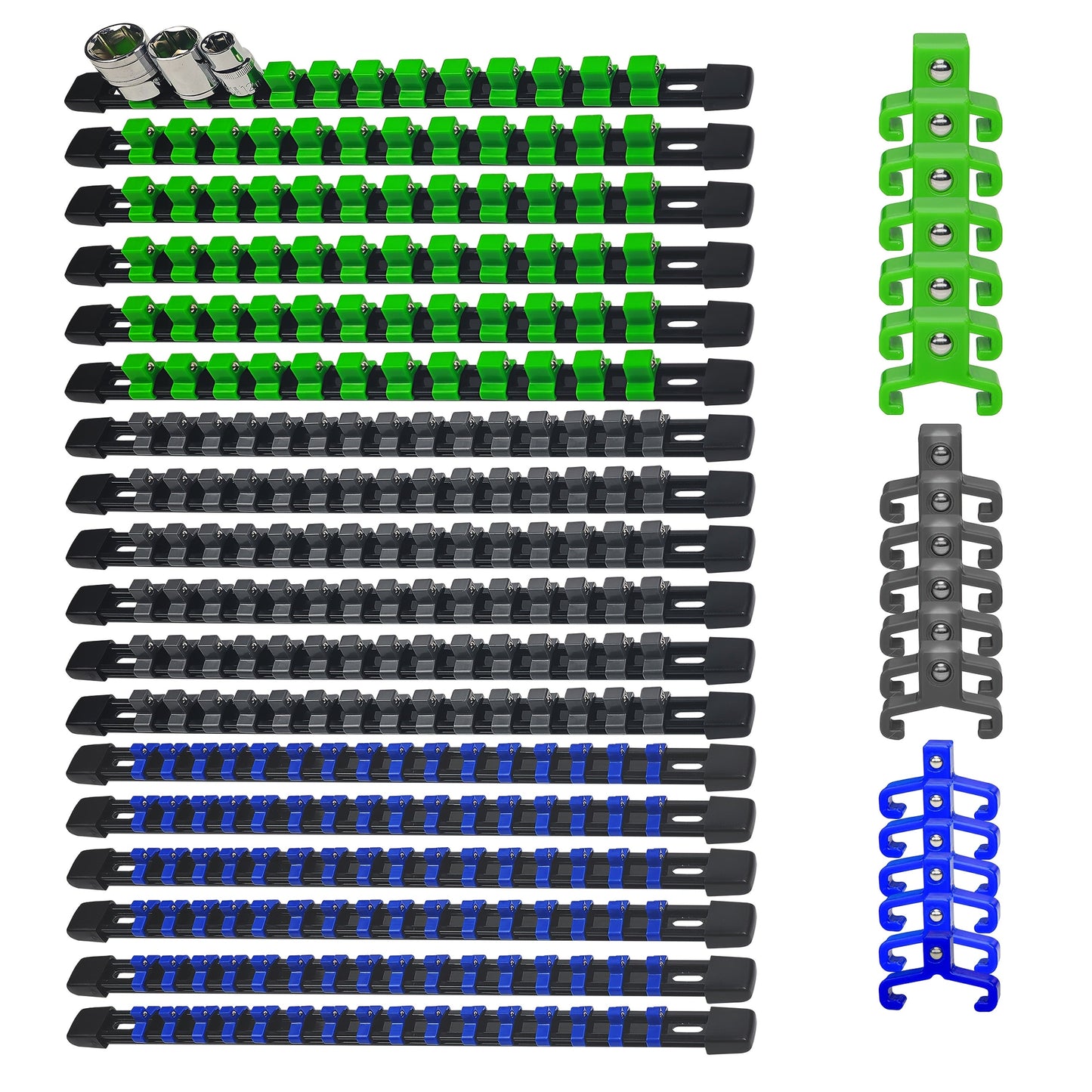 Socket Organizer Set with Rails – Heavy Duty ABS Socket Holder Rack for 1/4", 3/8" & 1/2" Drive – Tool Storage Kit for Toolbox