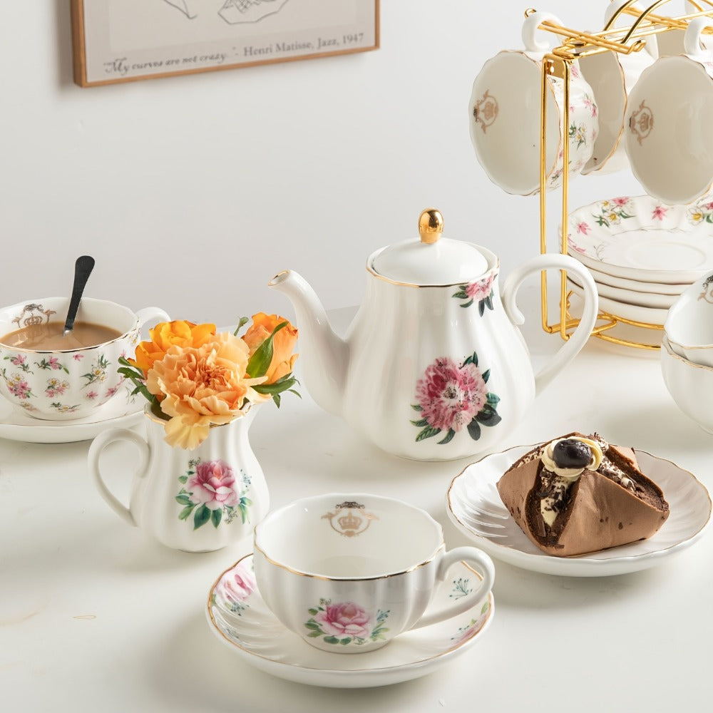 Porcelain Tea Set for 6 - 22 Piece British Royal Floral Service with Teapot, Cups & Saucers, Sugar Bowl