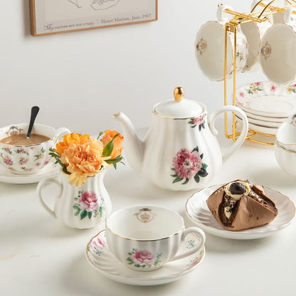 Porcelain Tea Set for 6 - 22 Piece British Royal Floral Service with Teapot, Cups & Saucers, Sugar Bowl