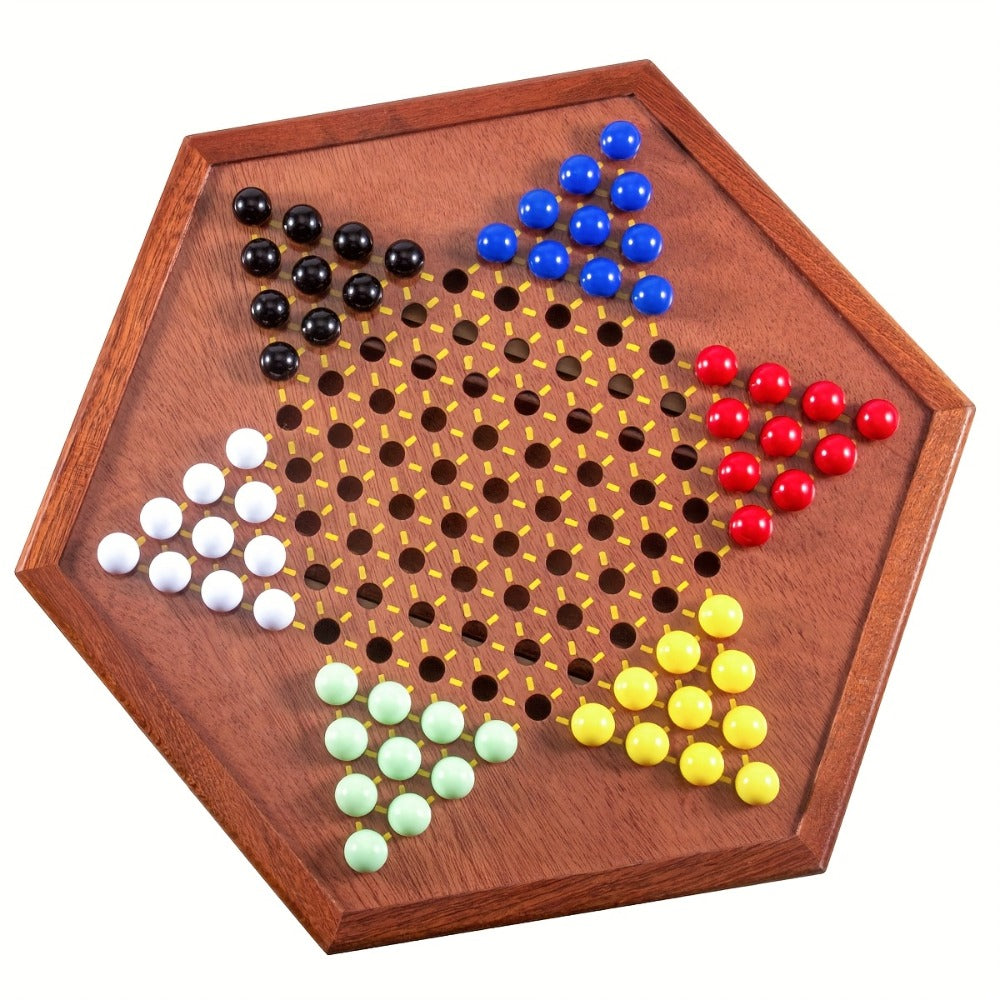 Deluxe Wooden Chinese Checkers Game Set 12.5 Inch Hexagonal Board with Storage Drawer 60 Acrylic Marbles