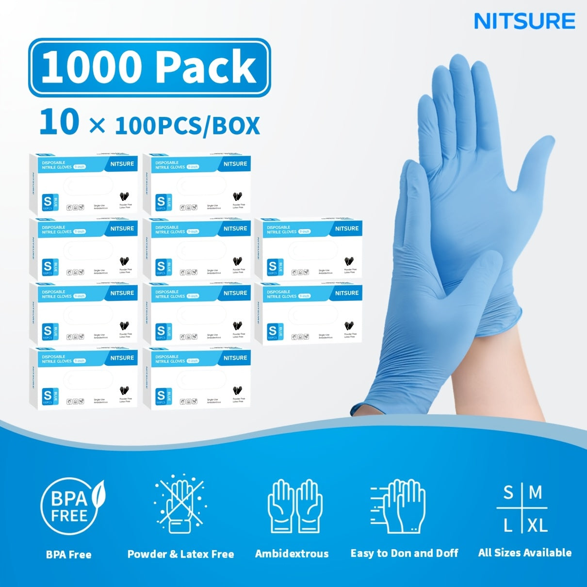 Blue Nitrile Disposable Gloves 5.5 Mil, Bulk Pack 101/201/501/1000 Count, Latex-Free Powder-Free Chemical Resistant Elastic Fit