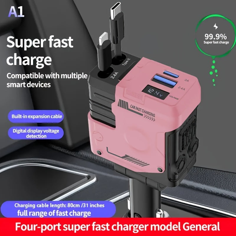 Dual Retractable Cable Car Charger 4-in-1 with Lightning & Type-C 31in, 2 USB-A Ports & Voltage Supervision