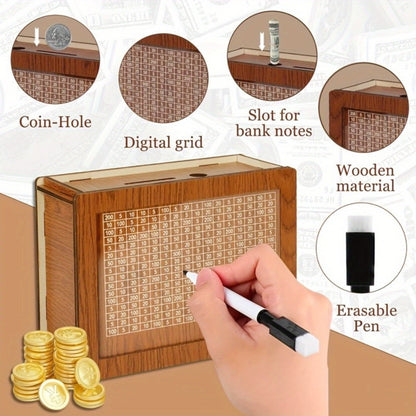 Wooden Savings Bank with Digital Counter 2-Pack, 7.87x5.7" Adult Coin Bank Holds $10, 000, Savings Goal Tracker Box