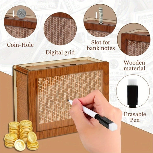 Wooden Savings Bank with Digital Counter 2-Pack, 7.87x5.7" Adult Coin Bank Holds $10, 000, Savings Goal Tracker Box