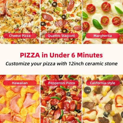 Indoor Pizza Oven 12 Inch Countertop Electric Pizza Maker 1200W, Reaches 800°F in Minutes, Dual Knob Control