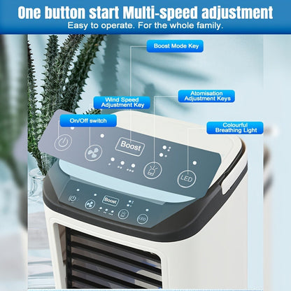 Portable Air Cooler Fan USB Humidifier with Rainbow Ambient Light, 3-Speed Atomization Misting Fan with Large Ice Box and Low Noise