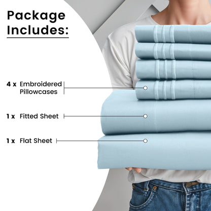 Fitted Sheet Set 6-Piece Brushed Polyester Deep Pocket Bed Sheets 20 Colors Hotel Luxury Bedding with Embroidered Pillowcases