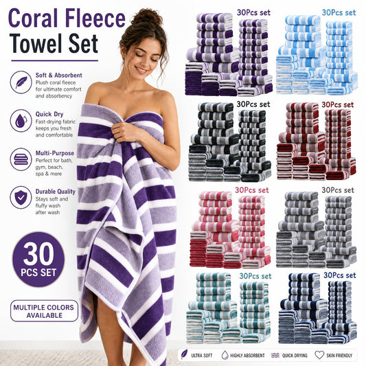 Thirty-Piece Striped Bath Towel Set with Bath, Hand and Washcloth Sizes in Ten Color Checkouts