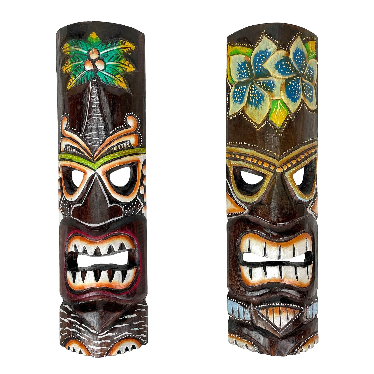 Tiki Wall Masks Set of 2 – Hand Carved Wooden 20" Tropical Decor with Palm Tree & Plumeria Designs for Indoor Outdoor Patio Bar