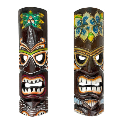 Tiki Wall Masks Set of 2 – Hand Carved Wooden 20" Tropical Decor with Palm Tree & Plumeria Designs for Indoor Outdoor Patio Bar