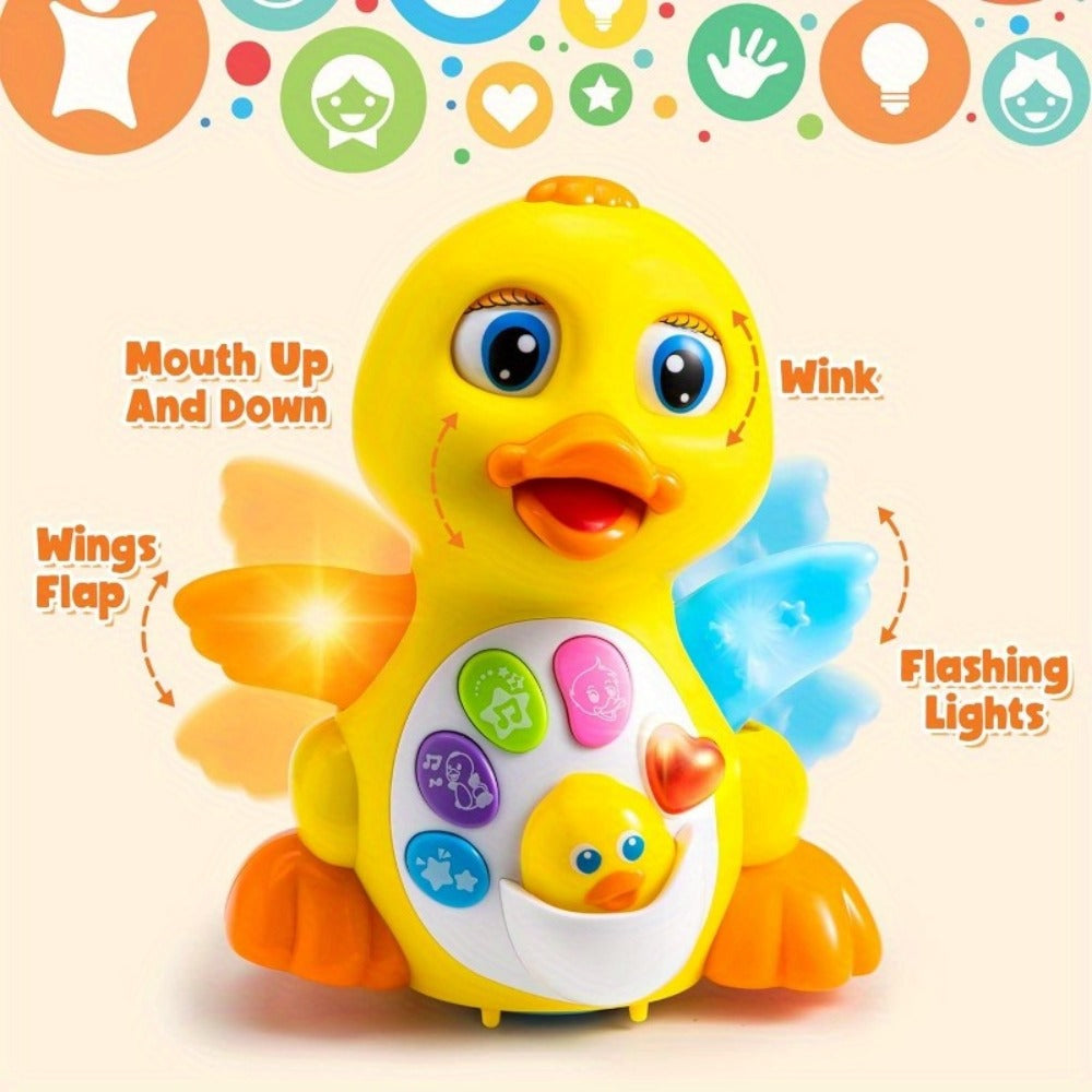 Musical Walking Duck Toy with Five Front Buttons, Flashing Wings and Rotating Wheel Base Pictured