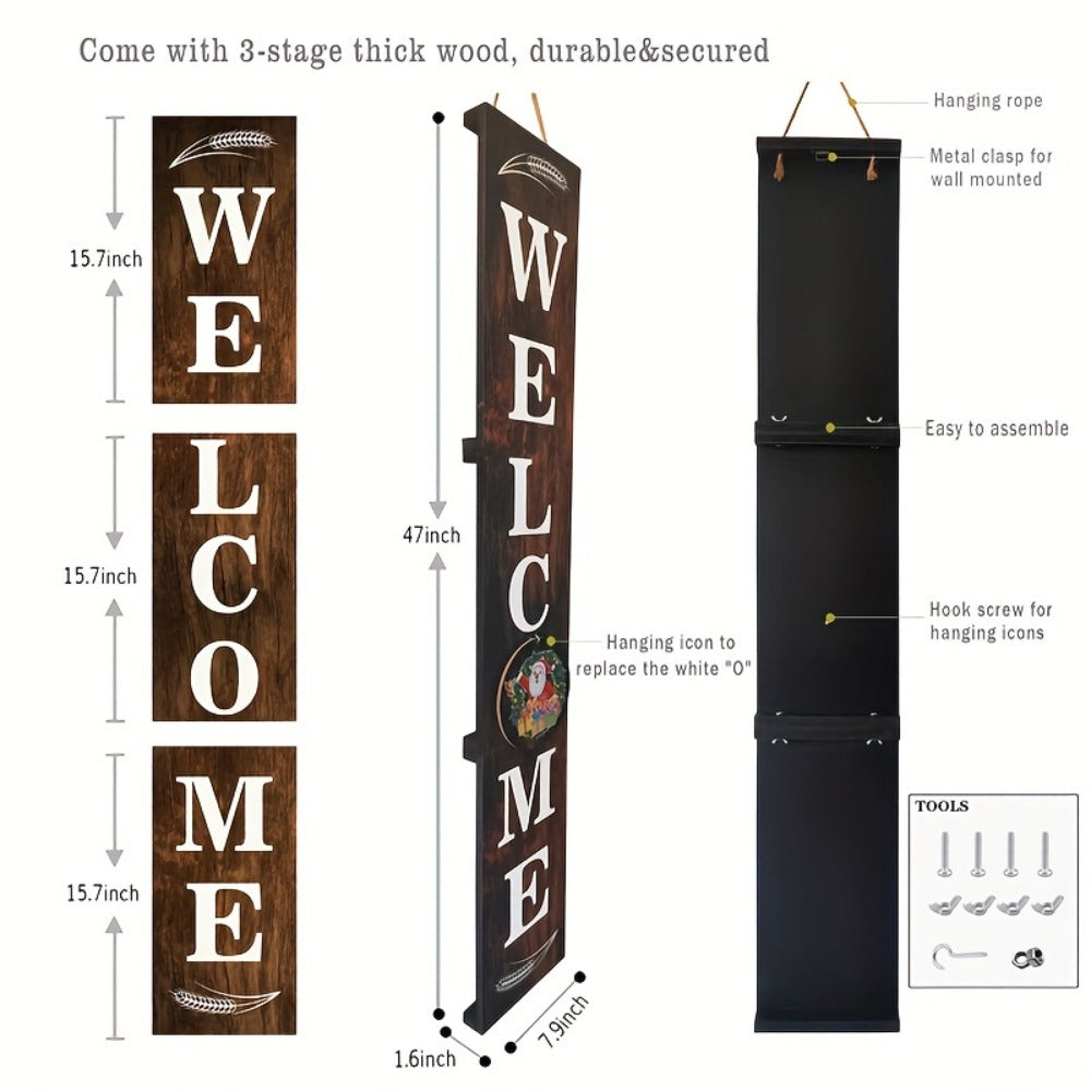 Porch Sign with 12 Interchangeable Seasonal Icons 47 Inch Tall – Welcome Sign for Front Door, Wind Resistant Leaner Board for Patio Yard
