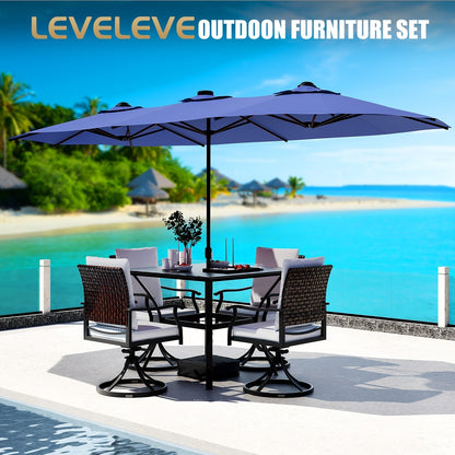 Patio Umbrella 15x7.5FT Double-Sided Style with Crank and Four Blue, Red, Khaki or Lake-Blue Options