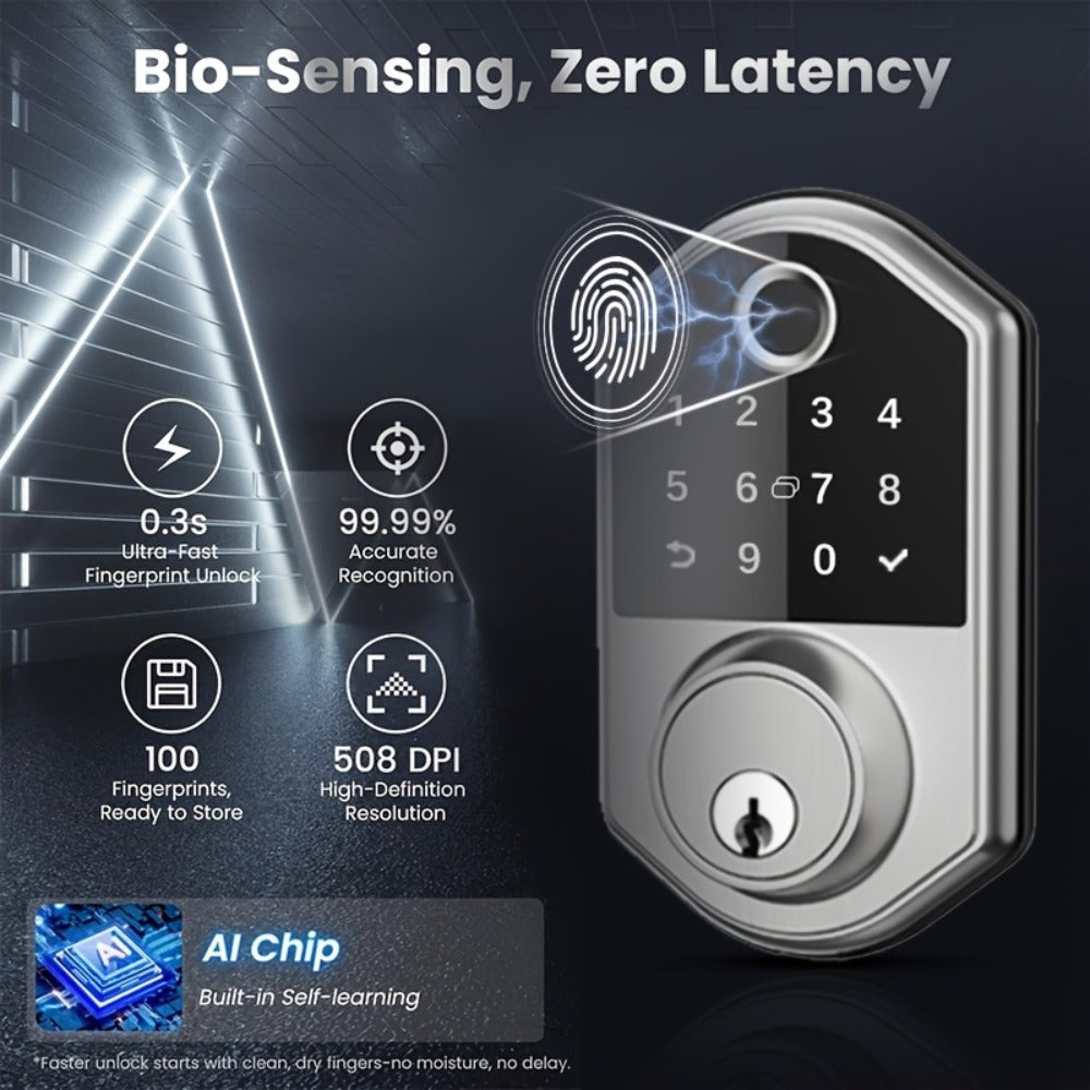 Smart Door Lock Deadbolt with Fingerprint PIN Key and Card or Cardless Black Silver Configurations